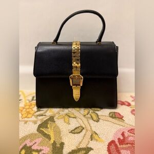 RARE Vintage GIANNI VERSACE Black Leather Tote Purse W/ Gold Hardware